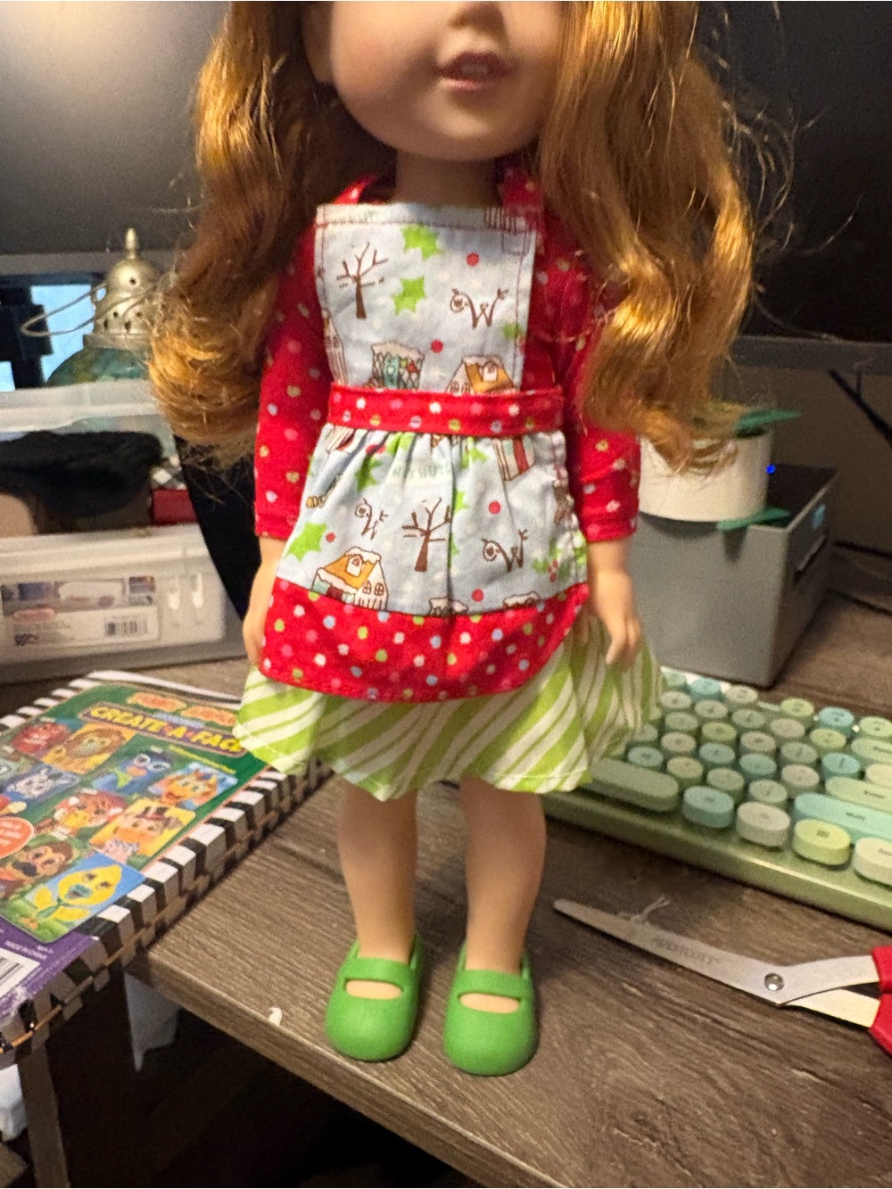 American Girl Wellie wisher doll with red green dress and lime shoes. - Picture 3 of 9